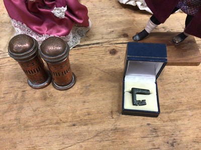 Lot 19 - Sundry items, including a bronze ring in the form of a key, probably Roman, a group of handmade dolls in the form of Dickens characters, an Italian bronzed sculpture and a pair of copper casters