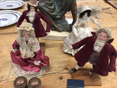 Lot 19 - Sundry items, including a bronze ring in the form of a key, probably Roman, a group of handmade dolls in the form of Dickens characters, an Italian bronzed sculpture and a pair of copper casters