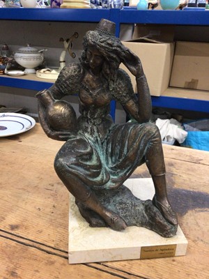 Lot 19 - Sundry items, including a bronze ring in the form of a key, probably Roman, a group of handmade dolls in the form of Dickens characters, an Italian bronzed sculpture and a pair of copper casters