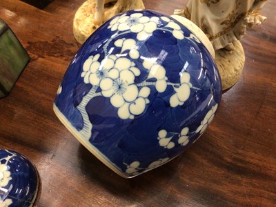 Lot 12 - 19th century Chinese blue and white prunus jar and cover, a Tiffany style glass owl lamp, a pair of continental porcelain figures, and a composite sculpture by Antonio Campillo, signed