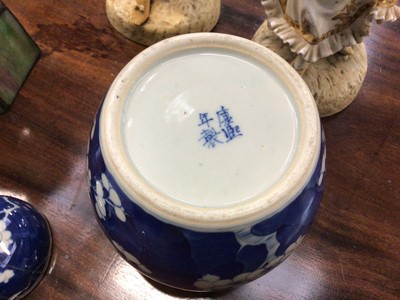 Lot 12 - 19th century Chinese blue and white prunus jar and cover, a Tiffany style glass owl lamp, a pair of continental porcelain figures, and a composite sculpture by Antonio Campillo, signed