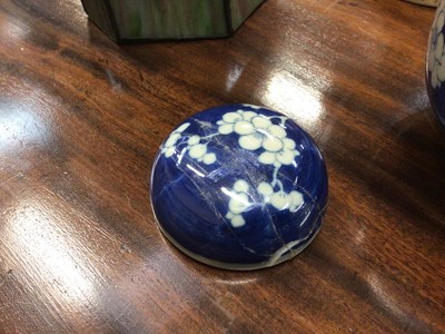 Lot 12 - 19th century Chinese blue and white prunus jar and cover, a Tiffany style glass owl lamp, a pair of continental porcelain figures, and a composite sculpture by Antonio Campillo, signed