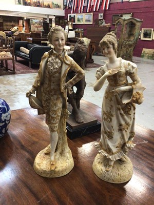 Lot 12 - 19th century Chinese blue and white prunus jar and cover, a Tiffany style glass owl lamp, a pair of continental porcelain figures, and a composite sculpture by Antonio Campillo, signed