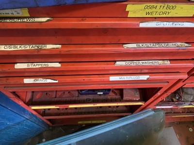 Lot 68 - Two red enamelled metal stock stands with contents, 540mm wide  x 340mm deep  x 1950 mm high