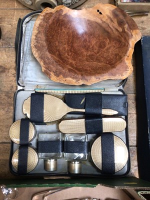 Lot 33 - Sundry items, including a group of silver plate, an enamelled dressing table set, a framed scene of the crucifixion in relief, board games, a Georgian silhouette, etc