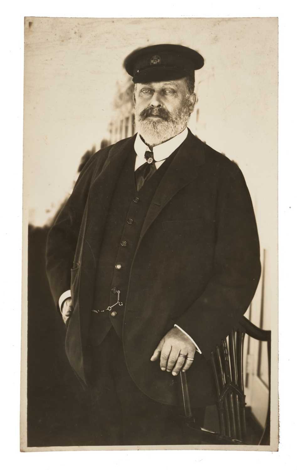 Lot 35 - H.M. King Edward VII, fine portrait photograph of the relaxed King in yacht racing attire, inscribed and with Russel & Son studio stamp to reverse 24.7 x 14.6 cm Provenance: the Russell & Son Court...