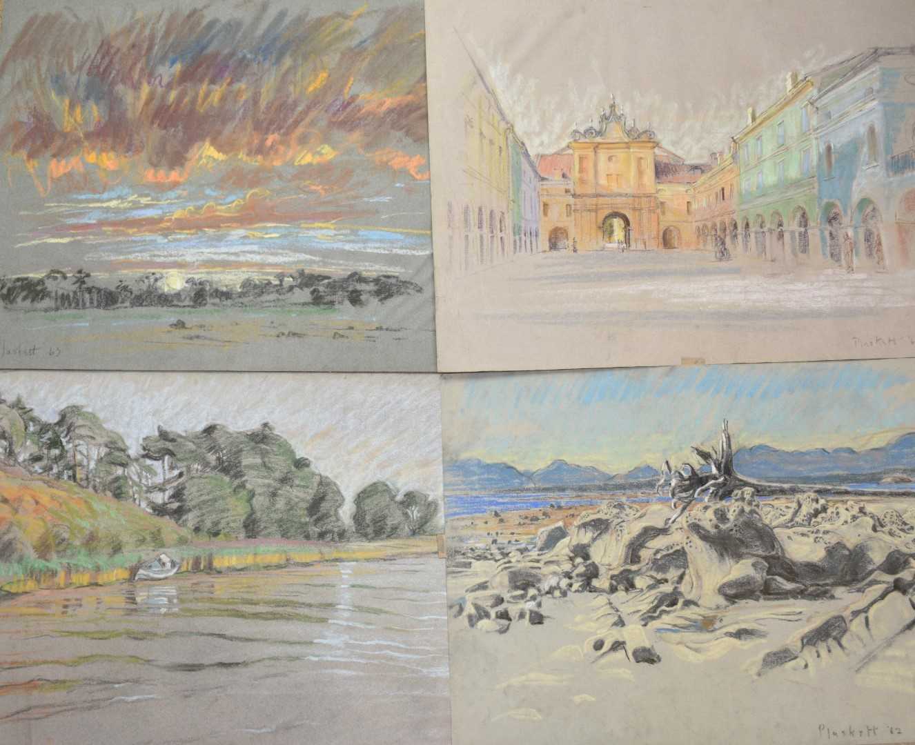 Lot 1116 - Joseph Plaskett (1918-2014) group of nine pastels on paper, French Landscapes, signed, approximately 51cm x 65cm
