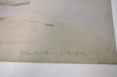 Lot 1127 - Joseph Plaskett (1918-2014) pastel on paper, Woodbridge Market Square, signed and dated '73, approximately 50cm x 65cm, unframed