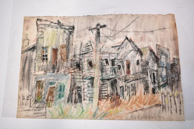 Lot 1129 - Joseph Plaskett (1918-2014) group of four pastels on paper, sketches of China Town Nanaimo, British Columbia, signed and dated '53, approximately 31cm x 48cm