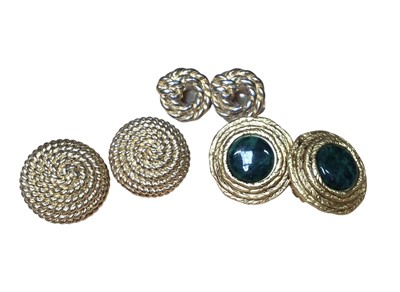 Lot 27 - Five pairs of 1980s gilt metal clip on earrings to include two pairs of Christian Dior simulated pearl earrings, two pairs by Monet and one pair by Leritz, together with a Michel Herbelin gold plat...