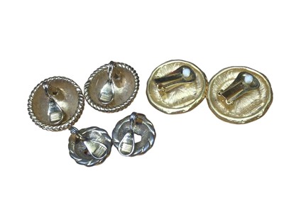 Lot 27 - Five pairs of 1980s gilt metal clip on earrings to include two pairs of Christian Dior simulated pearl earrings, two pairs by Monet and one pair by Leritz, together with a Michel Herbelin gold plat...