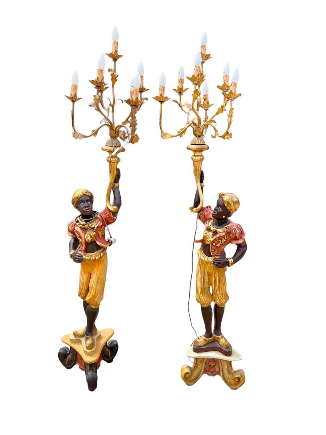 Lot 5 - Pair of blackamore lamps, with seven branches, 190cm high