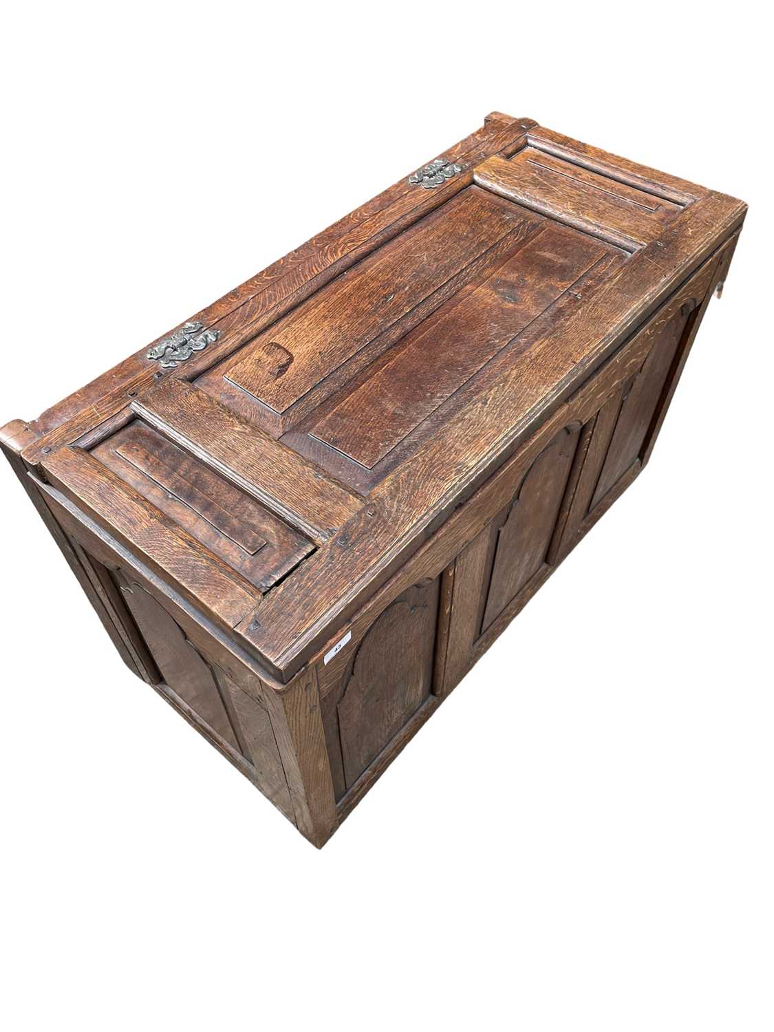 Lot 43 - Oak three panel coffer, with hinged lid and fielded panel front, 93w x 54d x 42h