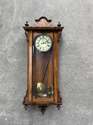 Lot 46 - 19th century inlaid mahogany Vienna wall clock, 103cm high with pendulum and two weights