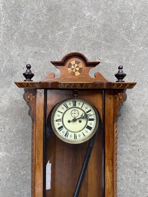 Lot 46 - 19th century inlaid mahogany Vienna wall clock, 103cm high with pendulum and two weights