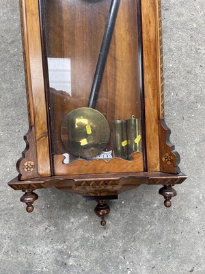 Lot 46 - 19th century inlaid mahogany Vienna wall clock, 103cm high with pendulum and two weights
