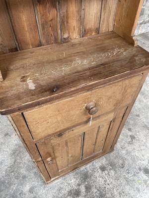 Lot 91 - Antique pine small size dresser, with shelved upper and enclosed cupboard below  65w x 33d x 200h