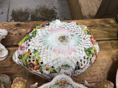 Lot 28 - Group of continental ceramics, including a Dresden centrepice, a Dresden pierced bowl supported by cherubs, etc