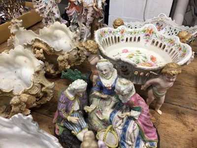 Lot 28 - Group of continental ceramics, including a Dresden centrepice, a Dresden pierced bowl supported by cherubs, etc