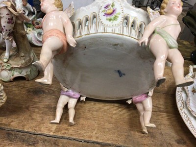 Lot 28 - Group of continental ceramics, including a Dresden centrepice, a Dresden pierced bowl supported by cherubs, etc