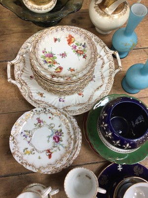 Lot 30 - Group of china and glass, including Dresden tea wares and a blue glass cornucopia on a marble base