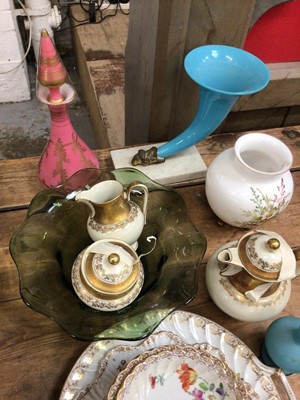 Lot 30 - Group of china and glass, including Dresden tea wares and a blue glass cornucopia on a marble base