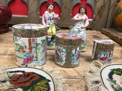Lot 34 - Set of six graduated Chinese Canton boxes, a pair of Staffordshire figures, and a pair of embroidered screens
