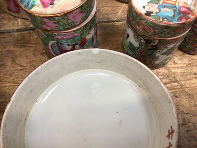 Lot 34 - Set of six graduated Chinese Canton boxes, a pair of Staffordshire figures, and a pair of embroidered screens
