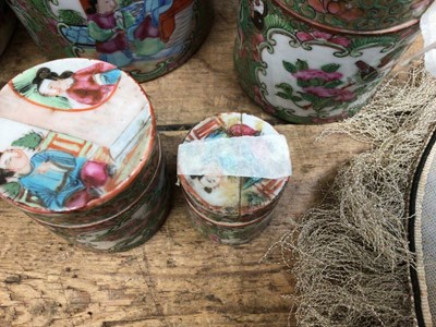 Lot 34 - Set of six graduated Chinese Canton boxes, a pair of Staffordshire figures, and a pair of embroidered screens