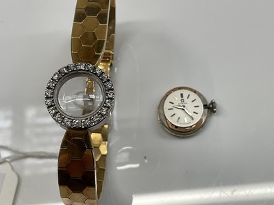 Lot 441 - 1950s ladies 18ct gold Omega wristwatch with diamond bezel