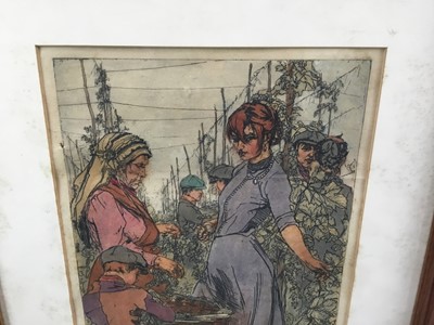 Lot 59 - Early 20th century etching and aquatint - Picking grapes, signed indistinctly and dated 1910 in plate, 27.5cm x 21cm, in glazed frame