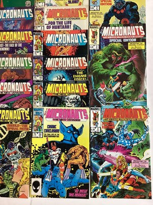 Lot 55 - Marvel Comics The Micronauts. To include The Micronauts #1 (1979) first apperance of Baron Karza, a group of The Micronauts the new voyages and others. Approximately 25 comics.