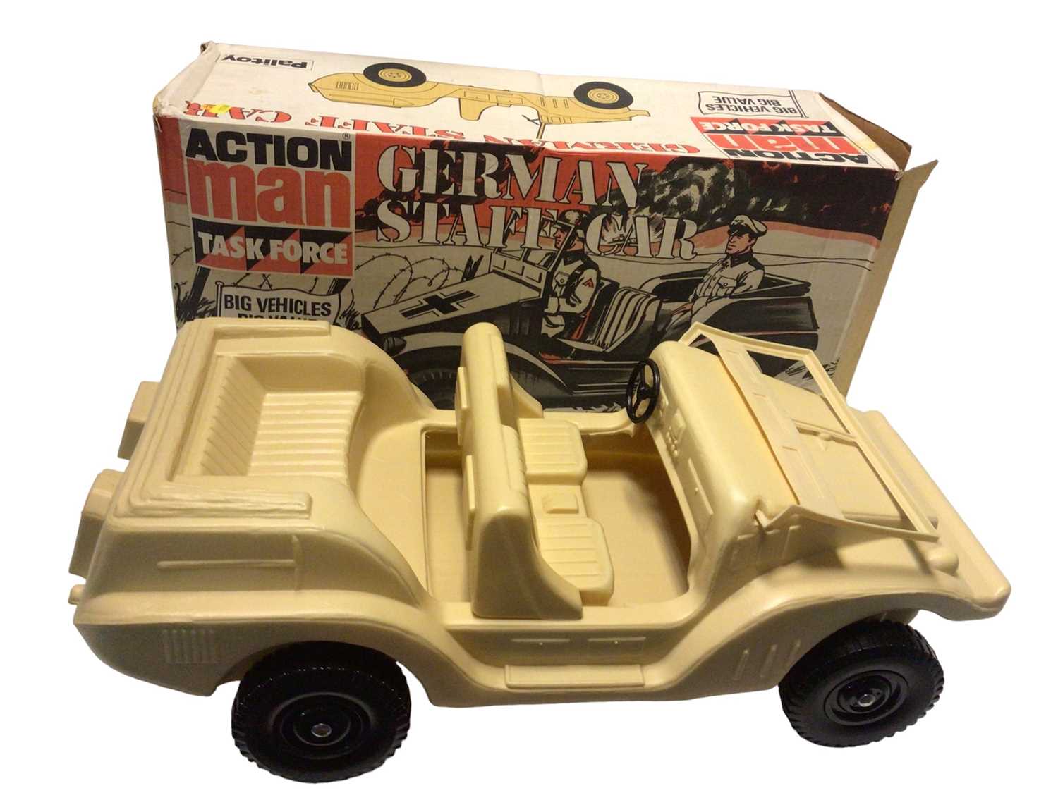 Lot 1874 - Action Man German Staff Car, Geyper Man Land Rover Desierto, both in original boxes, plus two loose vehicles, Action Man motorcycles (x2) & Go-Cart Racer and other accessories