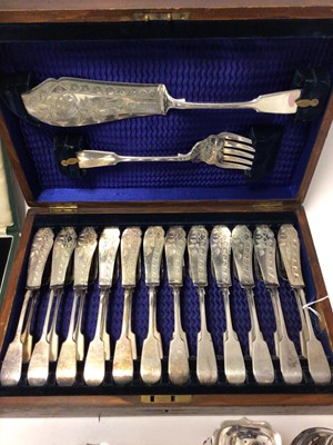 Lot 210 - Silver including two sugar sifters, sauceboat, sugar bowl, cruets, cased plated cutlery