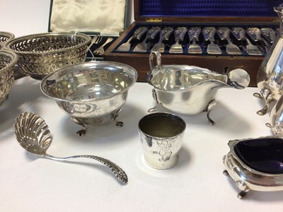 Lot 210 - Silver including two sugar sifters, sauceboat, sugar bowl, cruets, cased plated cutlery