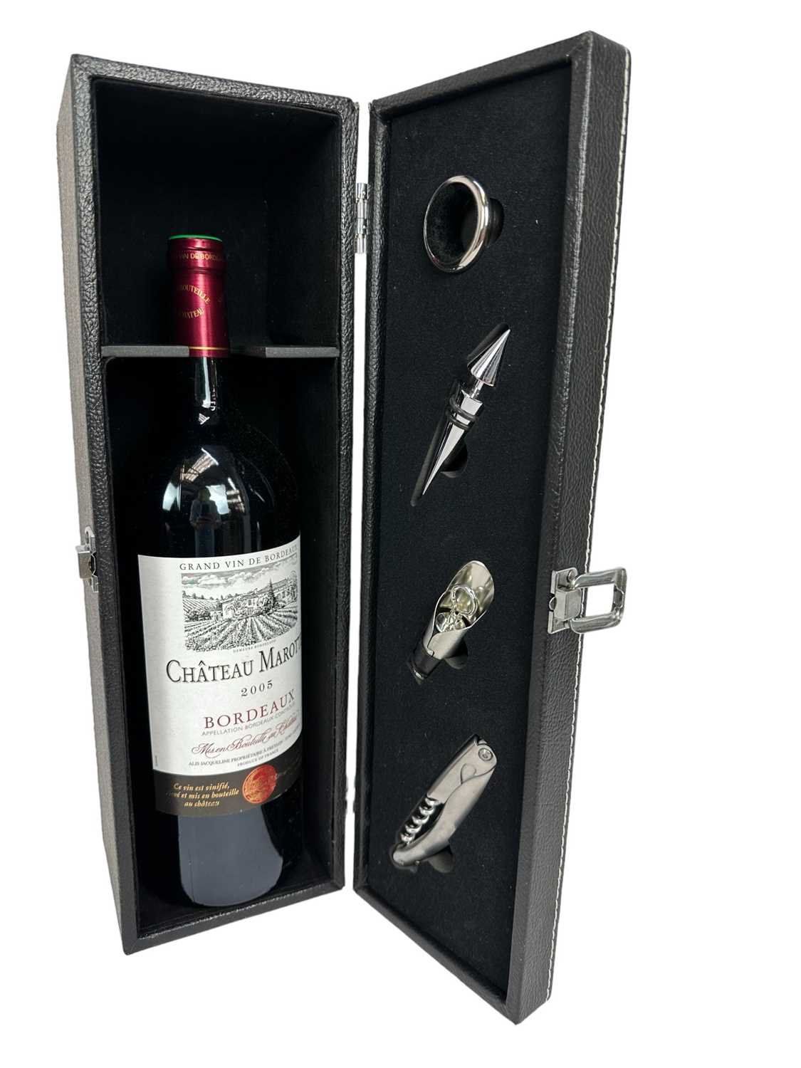 Lot 49 - Wine - one magnum, Chateau Marotte 2005 Bordeaux, in presentation case with fitted wine accessories