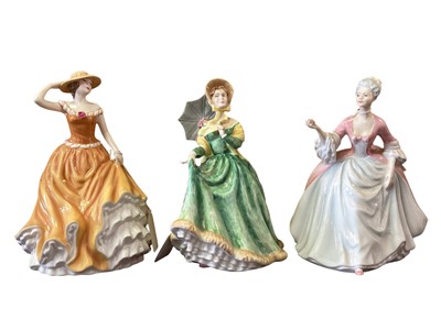 Lot 1244 - Ten Royal Doulton figures - Lauren HN3290, Elizabeth HN2946, Patricia HN4738, Autumn Breezes HN1934, Diana HN3266, Angela HN3419, Simone HN2378, Sweet Sixteen HN3648, A Gypsy Dance HN2230 and Fragr...