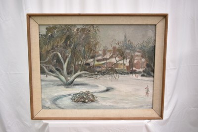 Lot 864 - Sylvia St George (1880-1951) oil on canvas - snow covered Colchester landscape, initialled and dated 1942, framed, 45cm x 60cm
