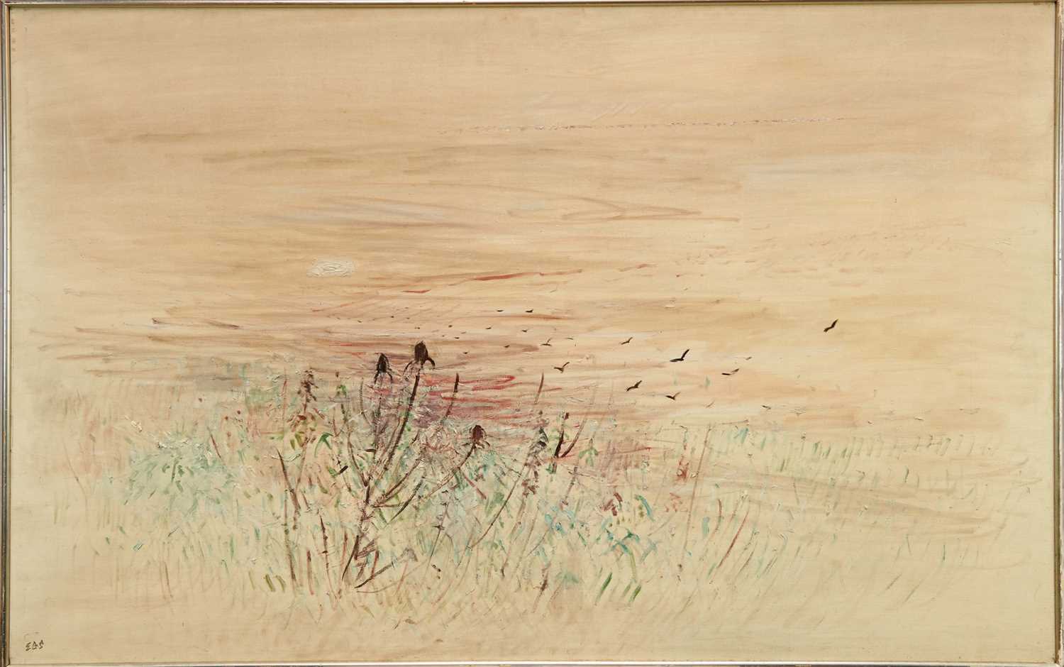 Lot 934 - Elinor Bellingham-Smith (1906-1988) oil on canvas - "Winter Evening" 1971, initialled, titled verso, 86cm x 137cm, framed 
Exhibited: Tolly Cobbold Eastern Arts National Art Exhibition