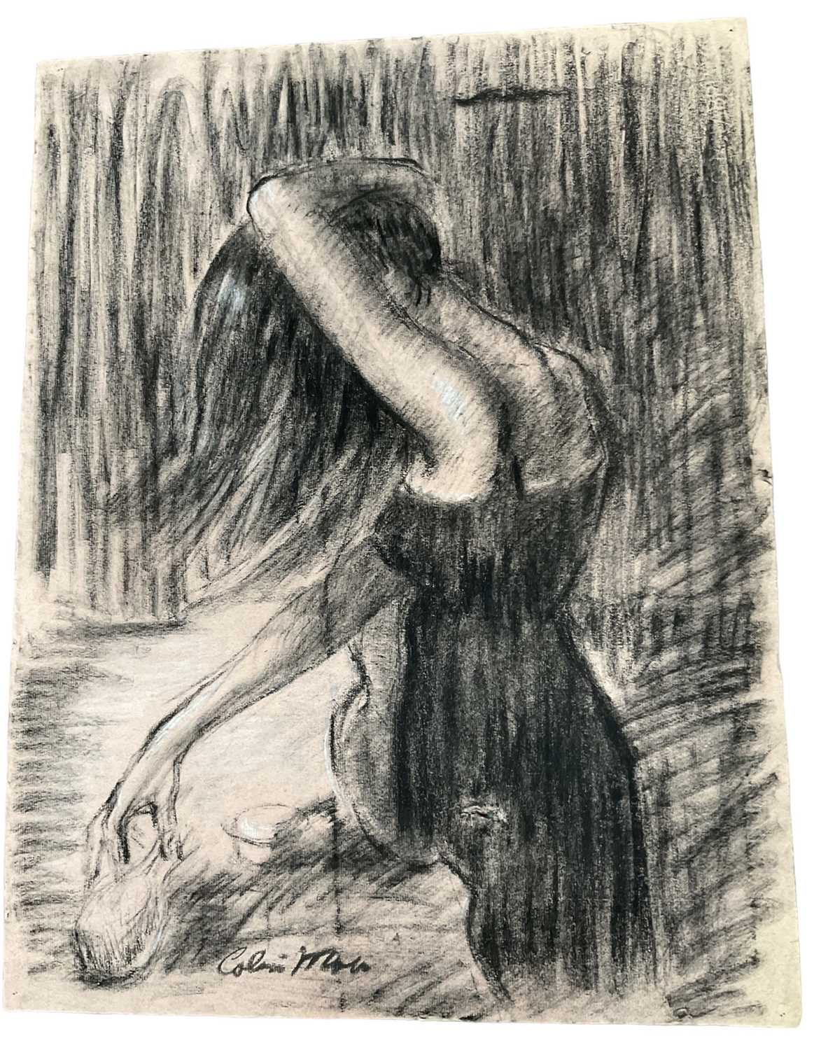 Lot 24 - *Colin Moss (1914-2005), two chalk and charcoal works on paper, Woman at her dressing table, nighttime liasons, both signed, 64 x 45cm and  61 x 41cm respectively