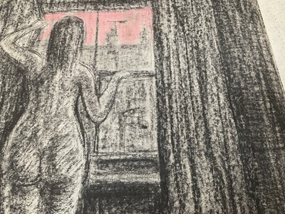 Lot 24 - *Colin Moss (1914-2005), two chalk and charcoal works on paper, Woman at her dressing table, nighttime liasons, both signed, 64 x 45cm and  61 x 41cm respectively