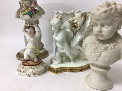 Lot 12 - Group of Victorian figures including a Parian bust of Spring, a centrepiece, a Moore figural vase, and a kneeling cherub (4)