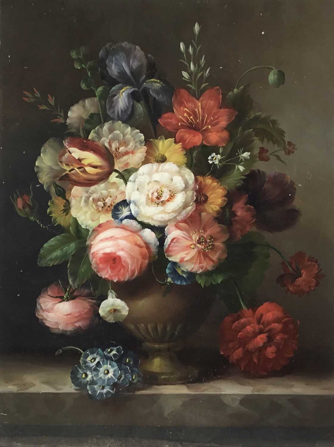 Lot 21 - Emilio Greco oil on panel, Flowers in an Urn on a marble edge