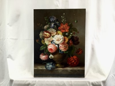 Lot 21 - Emilio Greco oil on panel, Flowers in an Urn on a marble edge