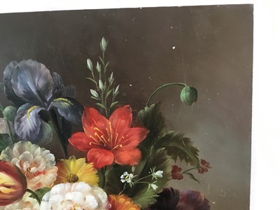 Lot 21 - Emilio Greco oil on panel, Flowers in an Urn on a marble edge