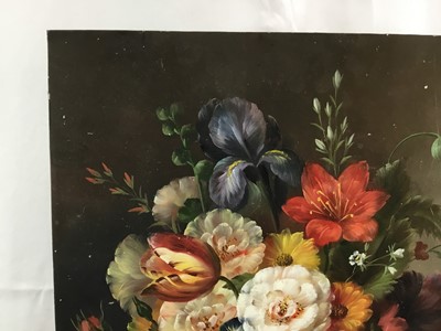 Lot 21 - Emilio Greco oil on panel, Flowers in an Urn on a marble edge