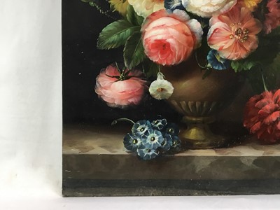 Lot 21 - Emilio Greco oil on panel, Flowers in an Urn on a marble edge