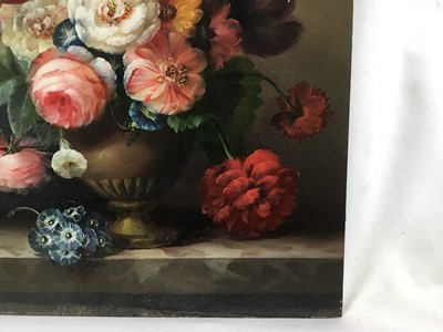 Lot 21 - Emilio Greco oil on panel, Flowers in an Urn on a marble edge