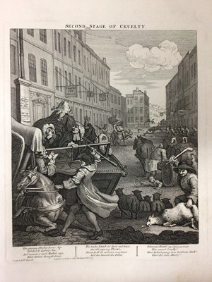 Lot 82 - After William Hogarth (1697-1764), a set of engravings of the Four Stages of Cruelty, featuring such delightful scenes as the torture of a dog, the beating of a horse, murder and mutilation