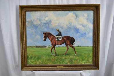 Lot 1265 - John Orr, contemporary, oil on canvas - Horse and Jockey, 'Mr Vernon Mullings "Cider with Rosie", Winner of The S.K.F Cesarewitch 1972, With M.L. (Taffy) Thomas up', signed and dated '72, 60cm x 75...